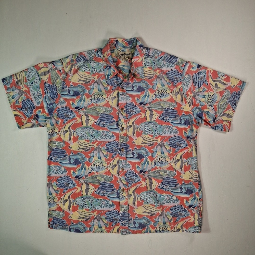 Cooke Street Honolulu Mens XL Cotton Tropical Fish Print Aloha Shirt Red Blue